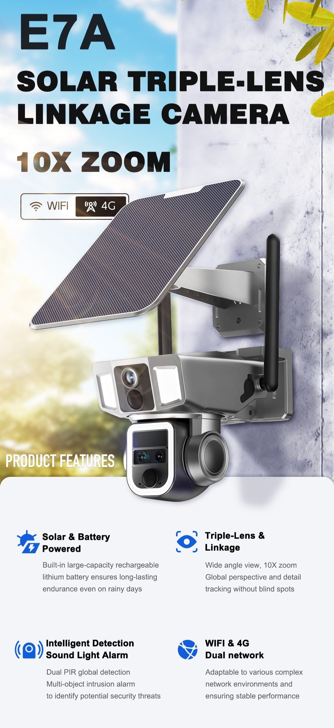 ELE- E7A （Wi-Fi vision）  2K Solar&Battery  Dual Linkage PTZ  Camera