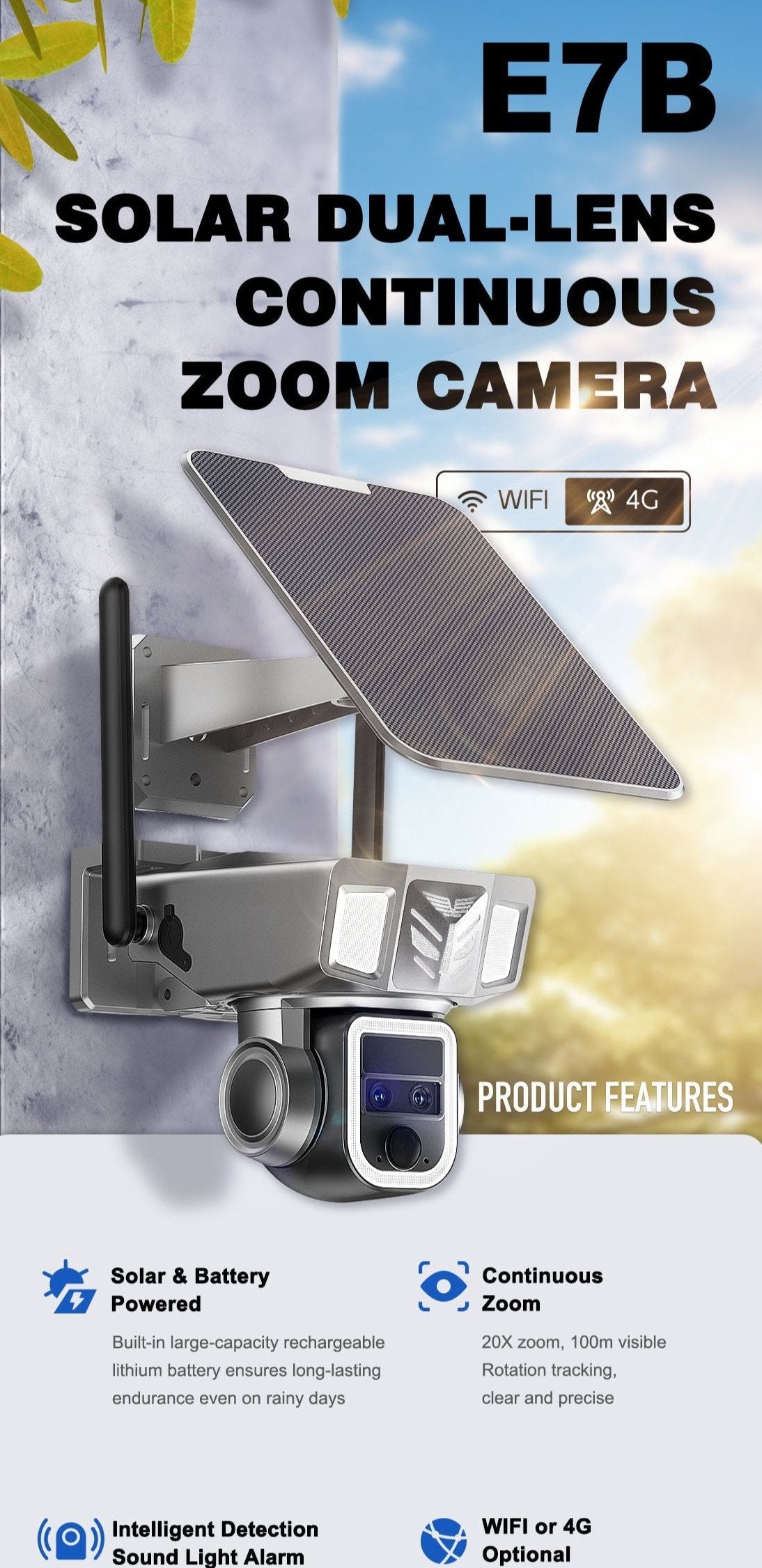 ELE- E7B（4G vision）   2K Solar&Battery Continuous Zoom Camera